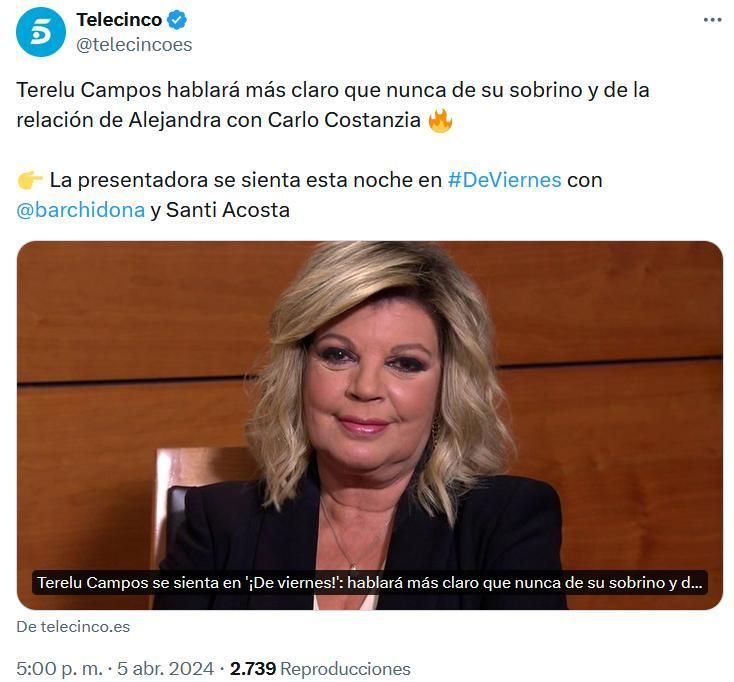Mensaje de Telecinco en la red social X anunciando los contenidos que se tratarían en la entrevista de Terelu Campos
