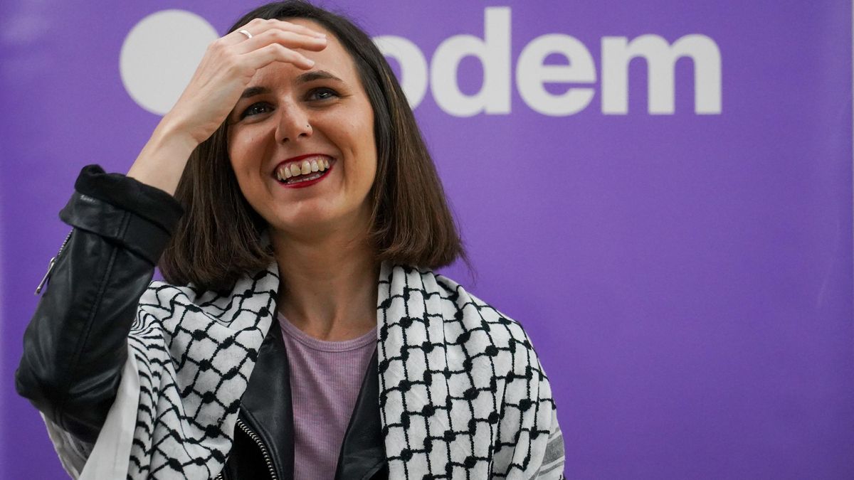 La secretaria general de Podemos, Ione Belarra, durante la clausura del encuentro ‘Camí a Europa’, en La Rambleta, València.