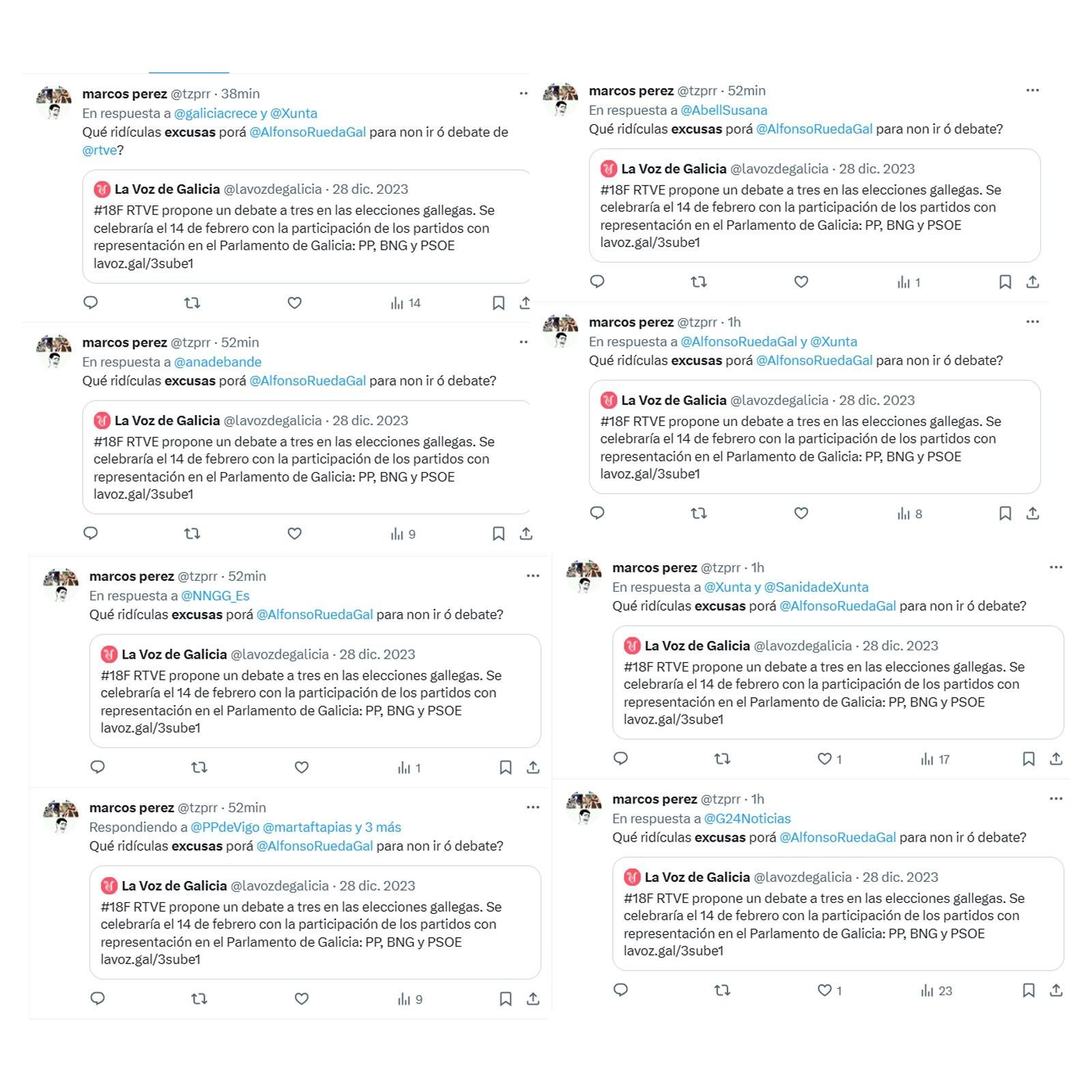 Las "decenas de tuits idénticos" de Marcos Pérez denunciados por el PP