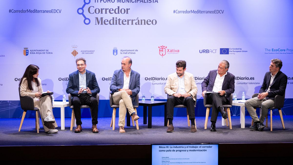 La periodista Célia Cerezo; Raül Roselló, Secretario de Diálogo Social, Política Institucional, Cultura i Lengua en de UGT del País Valencià; Jorge García, Representante de la Plataforma de Empresarios Nodo Logístico Levante Interior; Rafael García, Secretario de empresas estratégicas y transición verde CCOO del País Valencia; Andrés Sevila, secretario de la Cámara de Comercio de Alicante; y Javier Gisbert, Presidente de la Federación de Empresas Constructoras de Obra Pública de la provincia de Alicante (FOPA), intervienen en el II Foro Municipalista Corredor Mediterráneo.