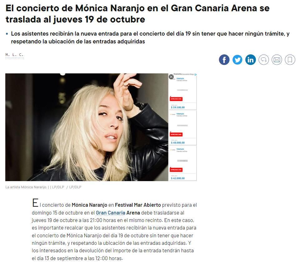 Noticia más destacada sobre los conciertos de Mónica Naranjo en Canarias