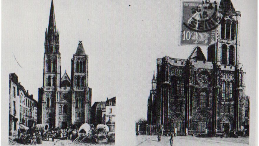 Antigua tarjeta postal, con el antes y el después del tornado en 1845 en la basílica de Saint Denis