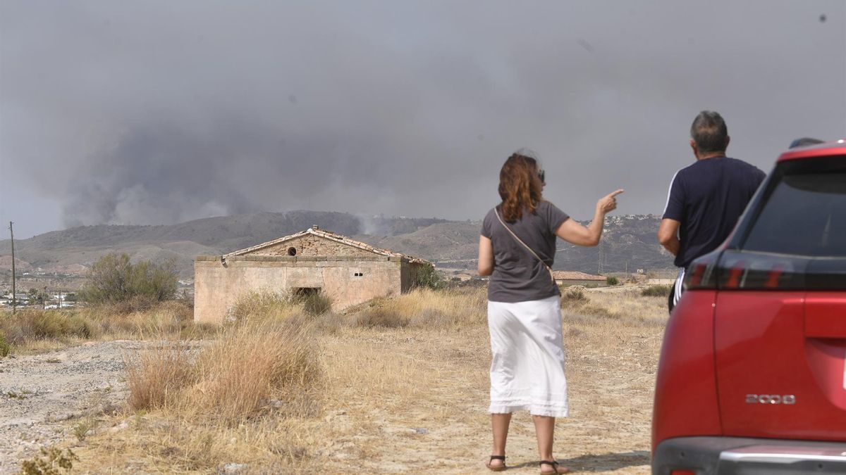 Dos personas observan el avance del incendio forestal en Los Gallardos.
