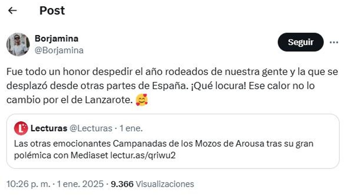 El tuit de Borjamina sobre las Campanadas de los Mozos de Arousa en su pueblo