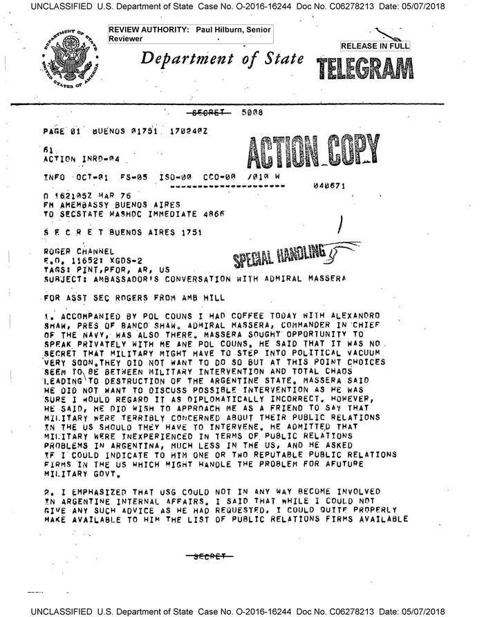 Cable remitido por el embajador Robert C. Hill a Washington el 16 de marzo de 1976