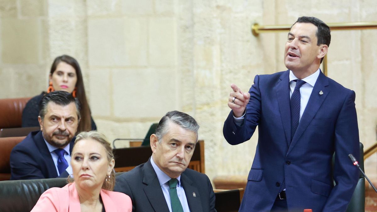 El presidente de la Junta de Andalucía, Juanma Moreno, interviene durante la sesión de control en el pleno del Parlamento andaluz