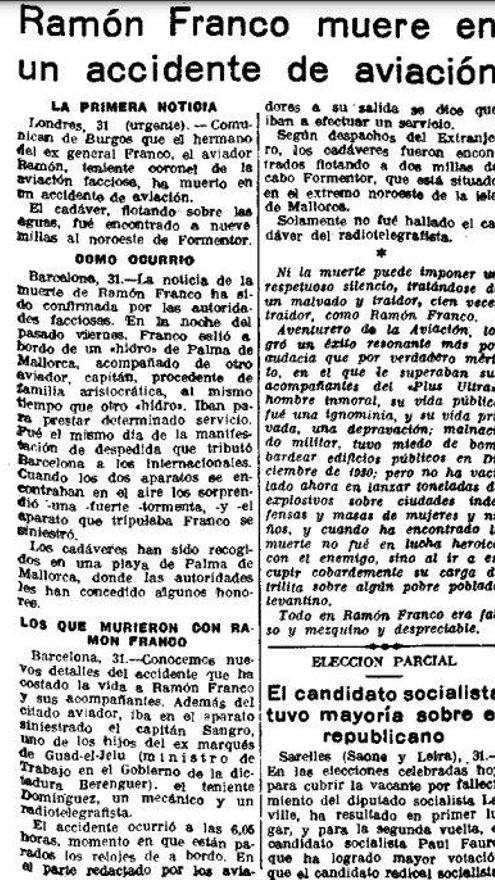 Crónica del fallecimiento de Ramón Franco en el diario republicano 'La libertad'