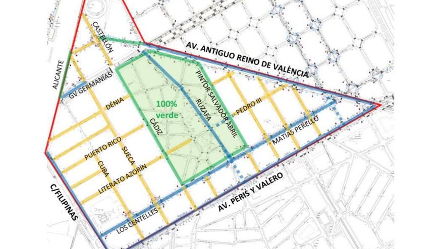 Plano con la distribución de las distintas modalidades de aparcamiento en Russafa.