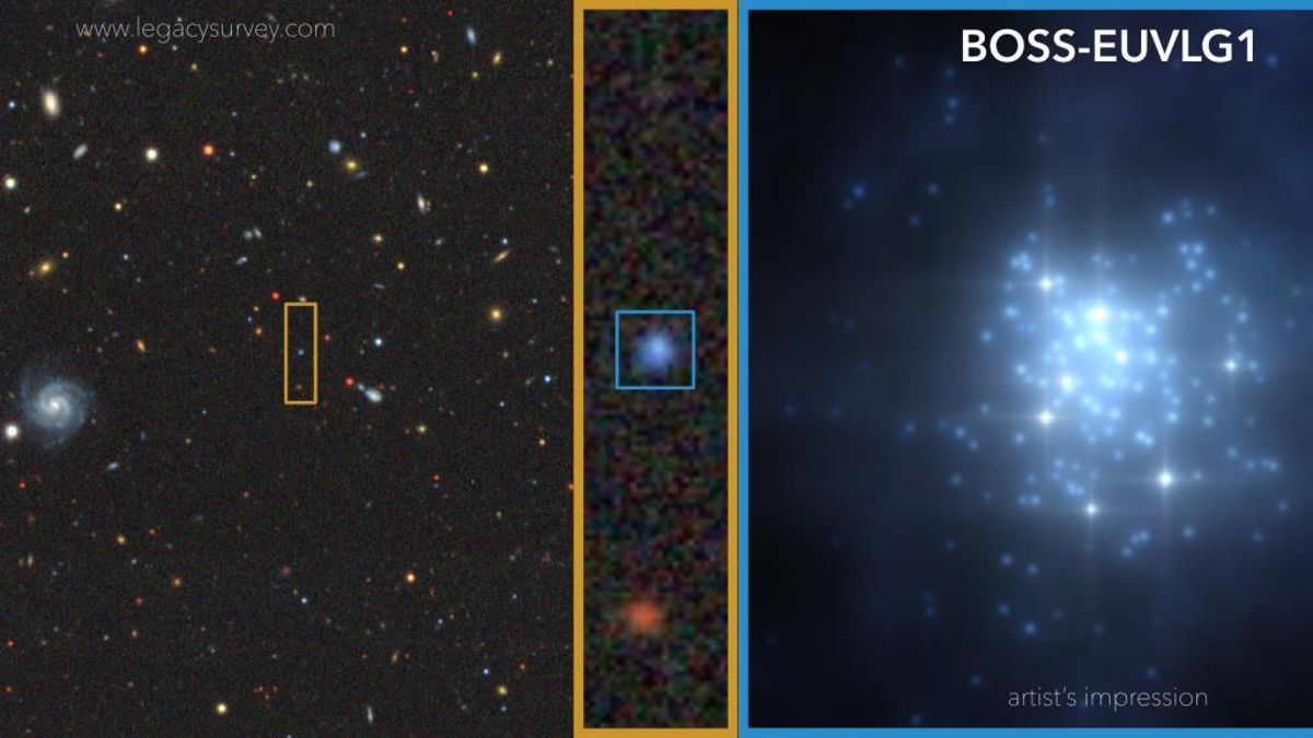 Imagen de la región del cielo donde se encuentra BOSS-EUVLG1 y representación artística del brote de formación estelar en BOSS-EUVLG1. Crédito: DESI Legacy Imaging Surveys/Gabriel Pérez Díaz, SMM (IAC).