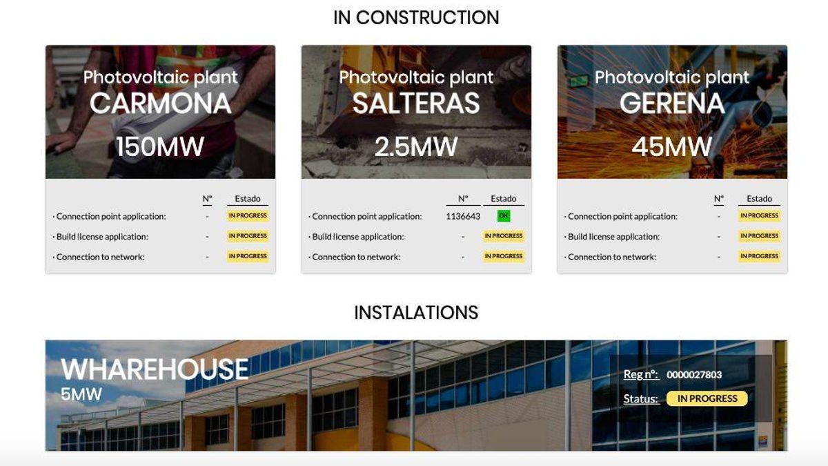 Página de Cryptosolartech que sigue informando de que las plantas fotovoltaicas y la granja están "en construcción"