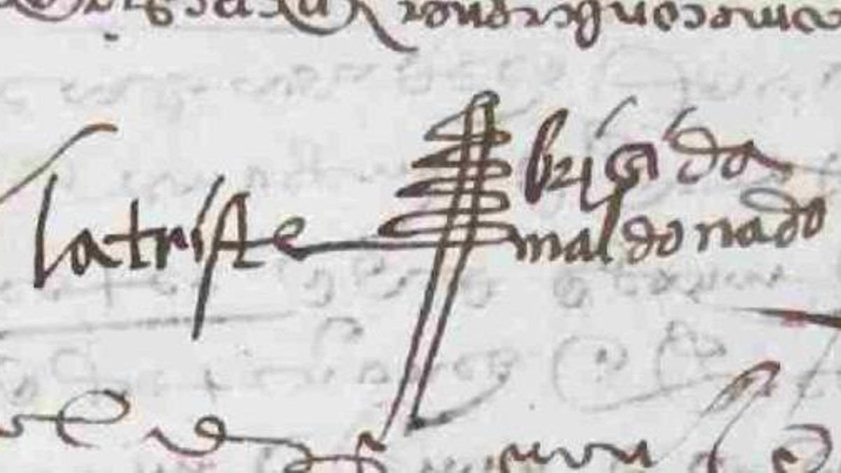 Detalle de la firma del poder notarial, fechado en mayo de 1541, en la que se observa la rúbrica "la triste Brígida Maldonado"