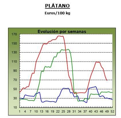 Evolución de los precios medios percibidos por el platanero canario en 2023 (marca azul), 2024 (verde) y 2025 (roja, hasta la semana 49). Fuente: MAPA.