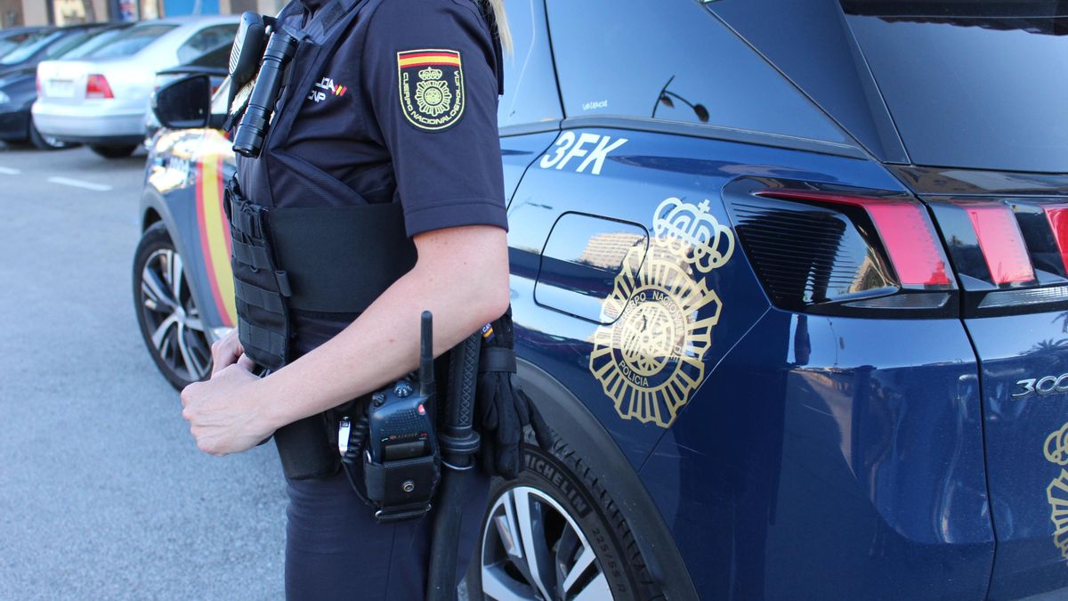 Una agente, junto a un coche patrulla de la Policía Nacional.