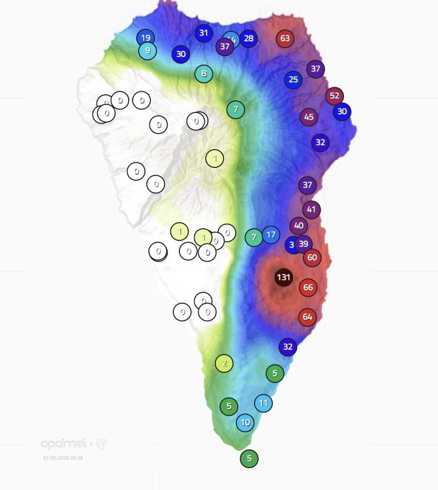 Mapa de Apalmet de la lluvia caída en diversos puntos de La Palma hasta las 09.58 horas de este jueves, 7 de mayo.