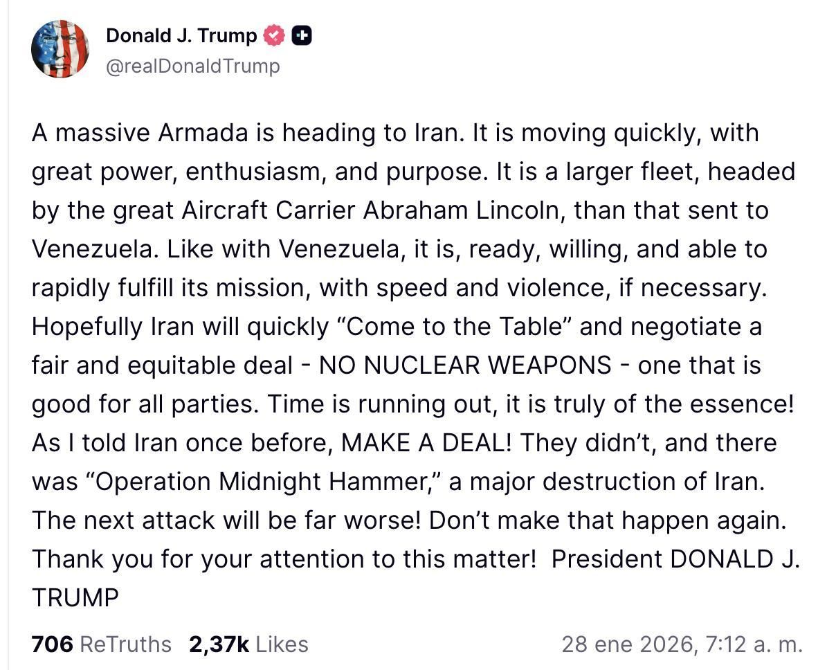 Truth Social de Trump sobre Irán.