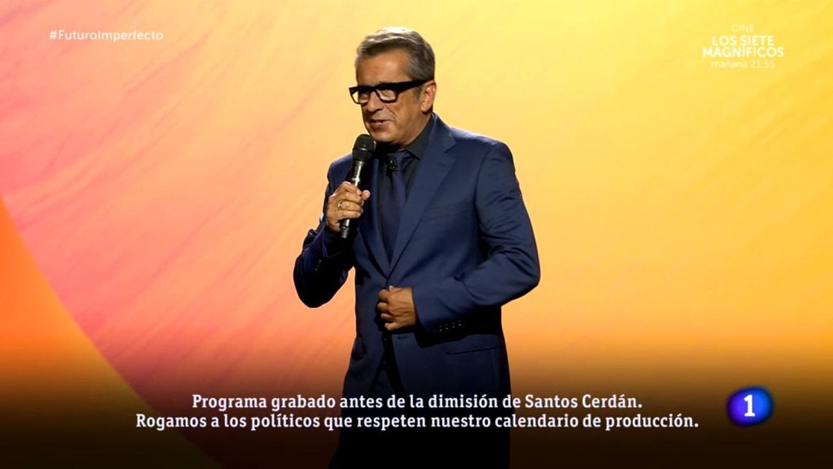 Rótulo sobre Santos Cerdán en 'Futuro imperfecto' de Buenafuente en RTVE