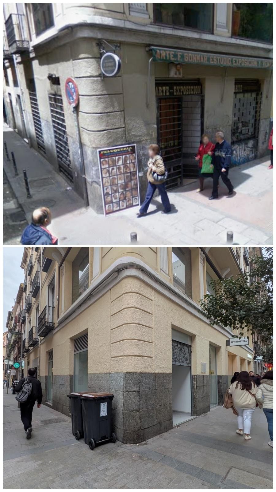 Esquina del local de Fanny Gonmar, en 2008 (arriba) y actualmente (debajo)