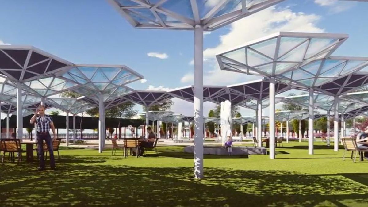 Sillas  y hexágonos en una de las zonas de esparcimiento