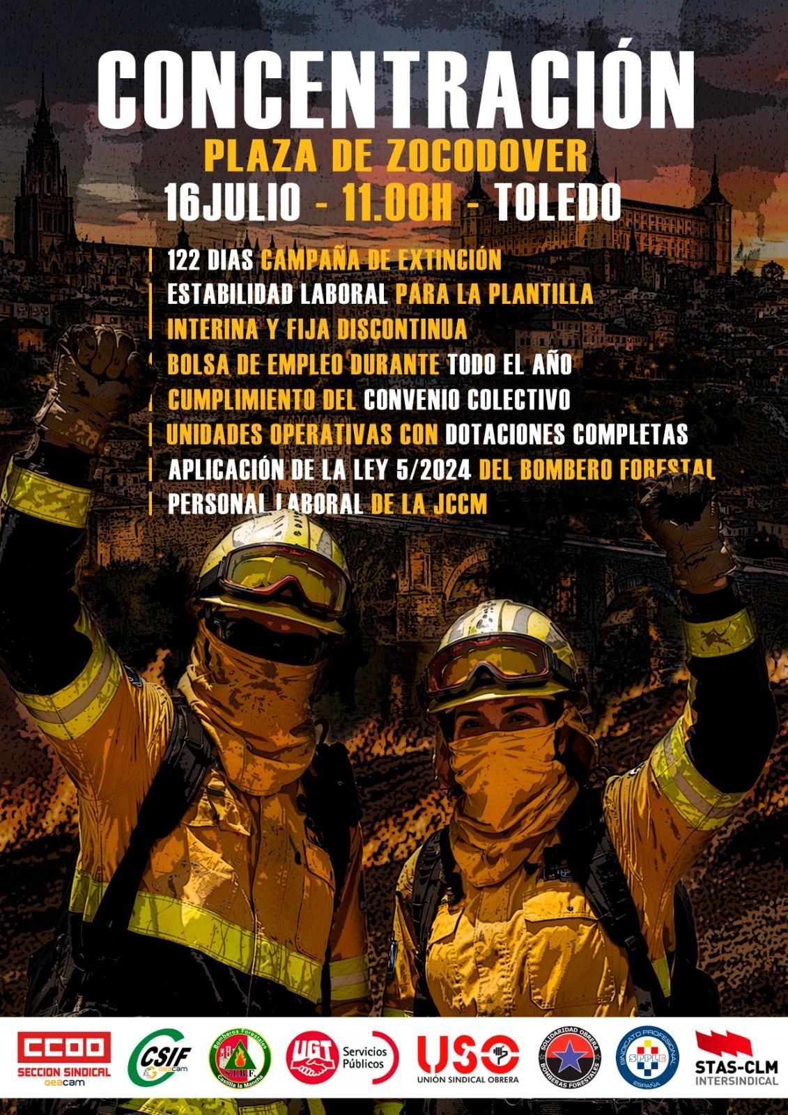 Cartel de  la concentración el 16 julio de 2026 de los bomberos forestales de Castilla-La Mancha