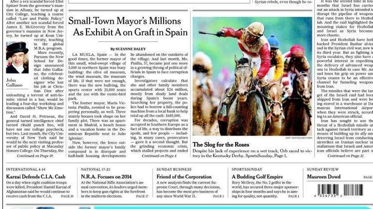 Portada de la edición dominical del New York Times con la información sobre la corrupción en España