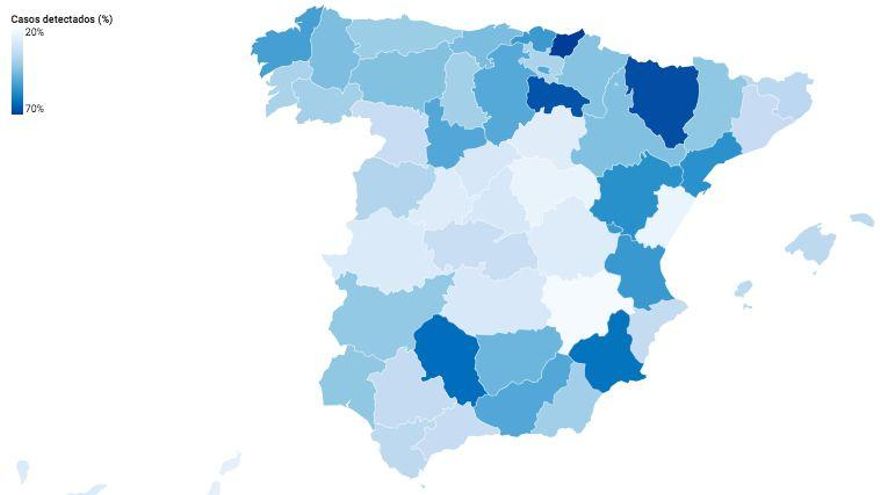 Mapa que muestra el porcentaje de casos detectados por provincias