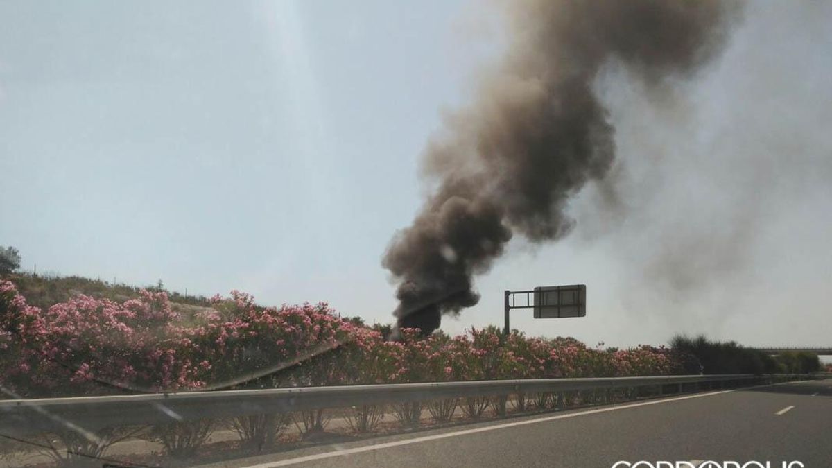 Un incendio de pastos deja una gran columna de humo negro sobre la A-4 en Córdoba