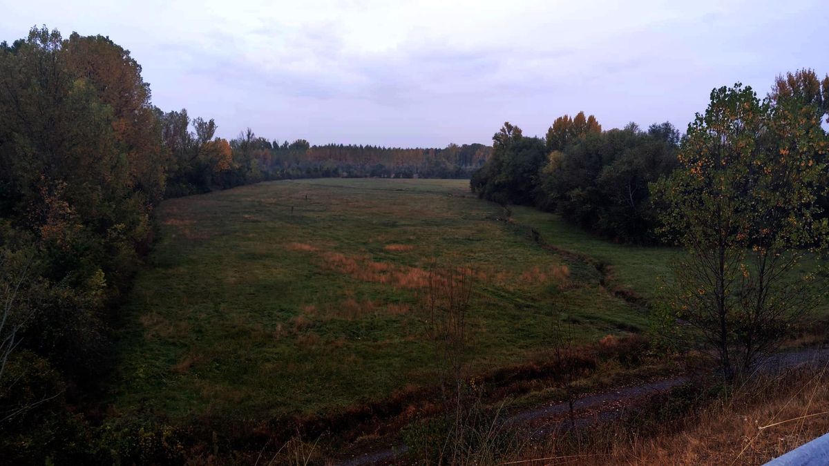 Una era entre sebes y boscaje cerca de Azadinos con cielo cubierto otoñal.