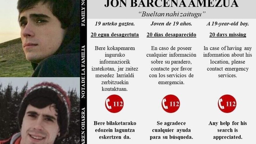 La familia de Jon Bárcena reitera su petición de ayuda y recuerda que se cumplen 20 días de su desaparición