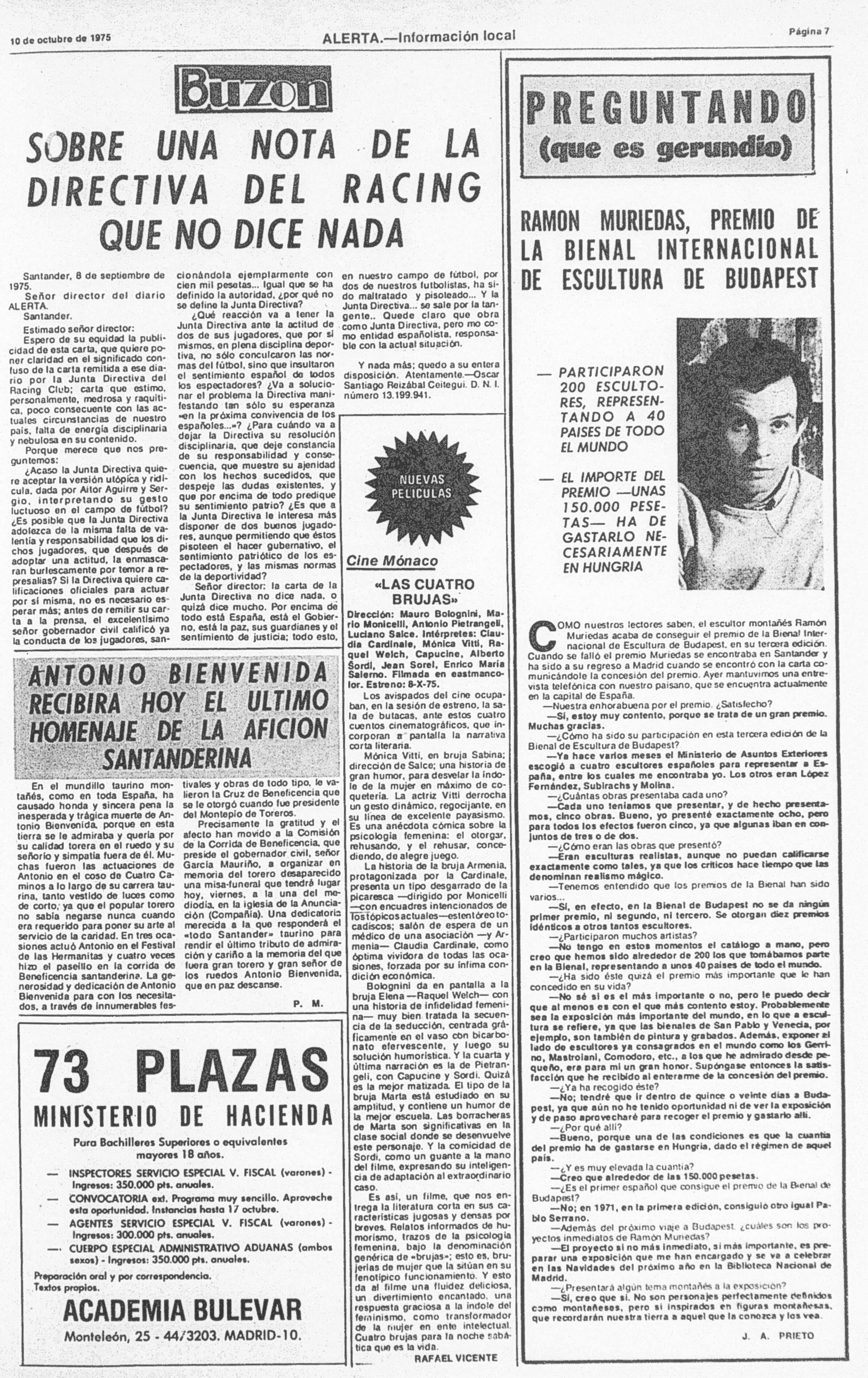 Carta de un aficionado del Racing publicada en el diario Alerta en la que acusa a la Junta Directiva del equipo de tibieza por no tomar medidas contra los jugadores que mostraron el luto.