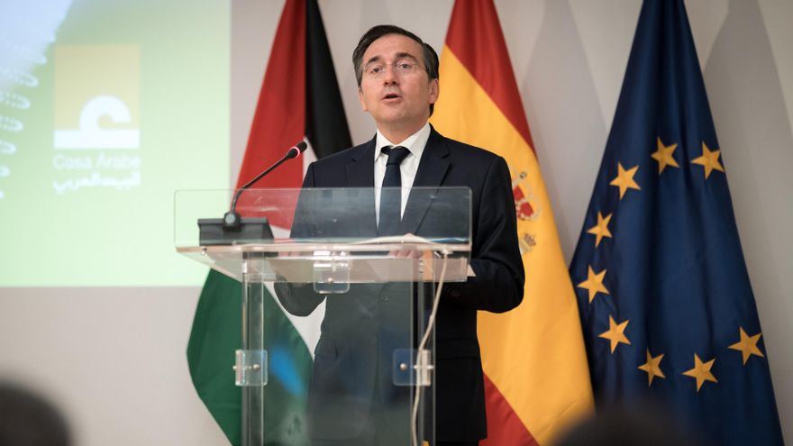 Archivo - El ministro de Asuntos Exteriores, Unión Europea y Cooperación, José Manuel Albares, interviene durante el acto de conmemoración del primer aniversario del reconocimiento del Estado de Palestina, en Casa Árabe, a 28 de mayo de 2025, en Madrid (E