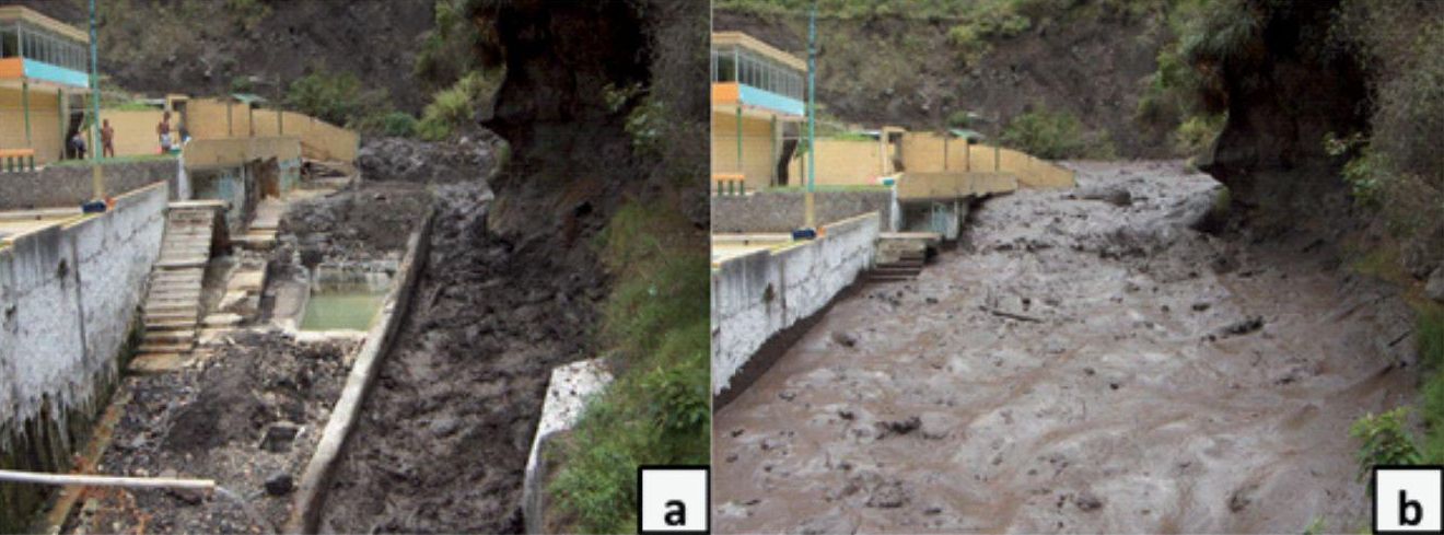 A: minutos antes de la llegada del lahar a la zona del balneario 'El Salado' en Ecuador, ubicado en el margen del río Vazcún, el 12 de febrero de 2005; B: tránsito del lahar minutos después de la alerta y una rápida evacuación.