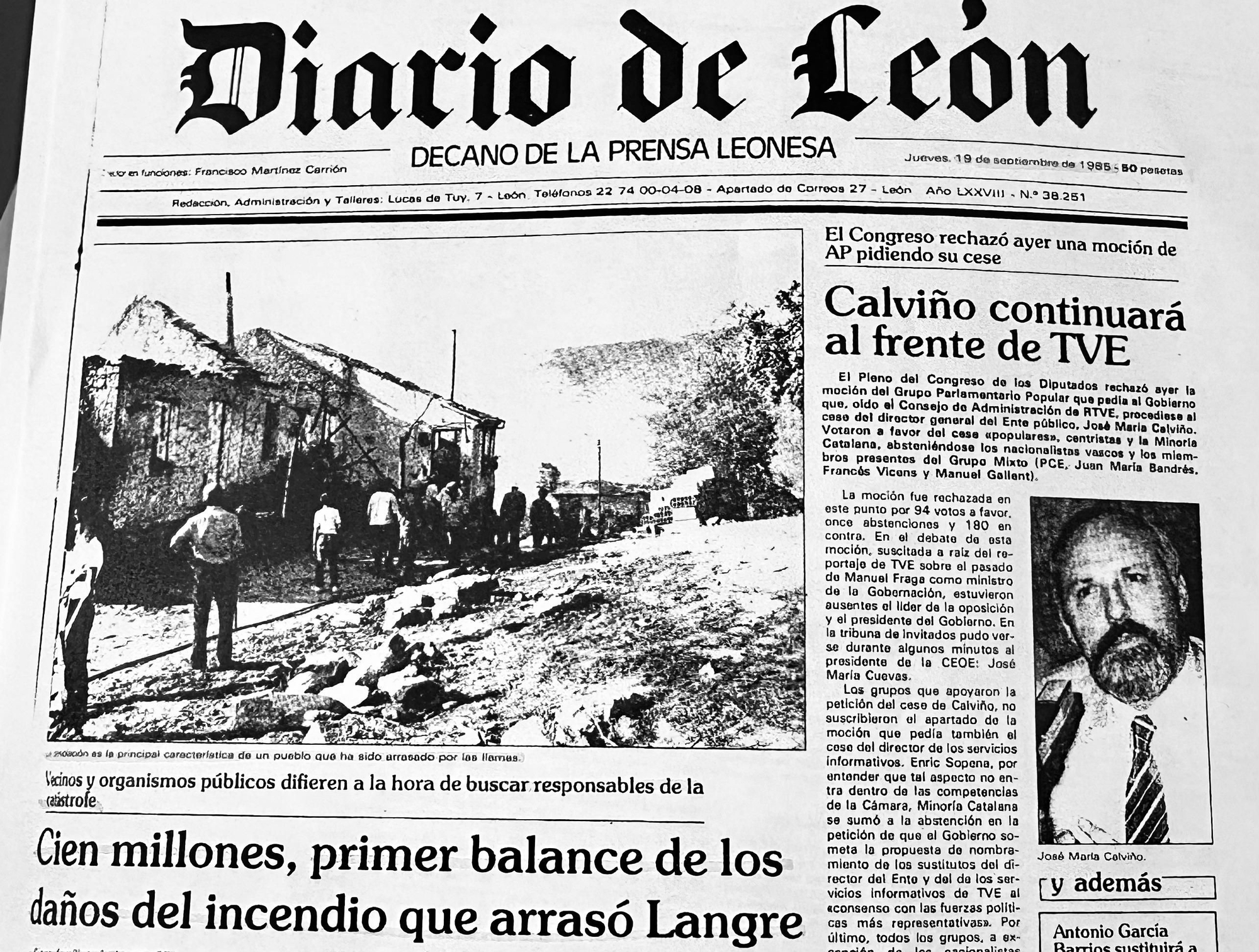 Portada de Diario de León del 19 de septiembre de 1985, con los 100 millones de pesetas de daños del incendio de Langre.