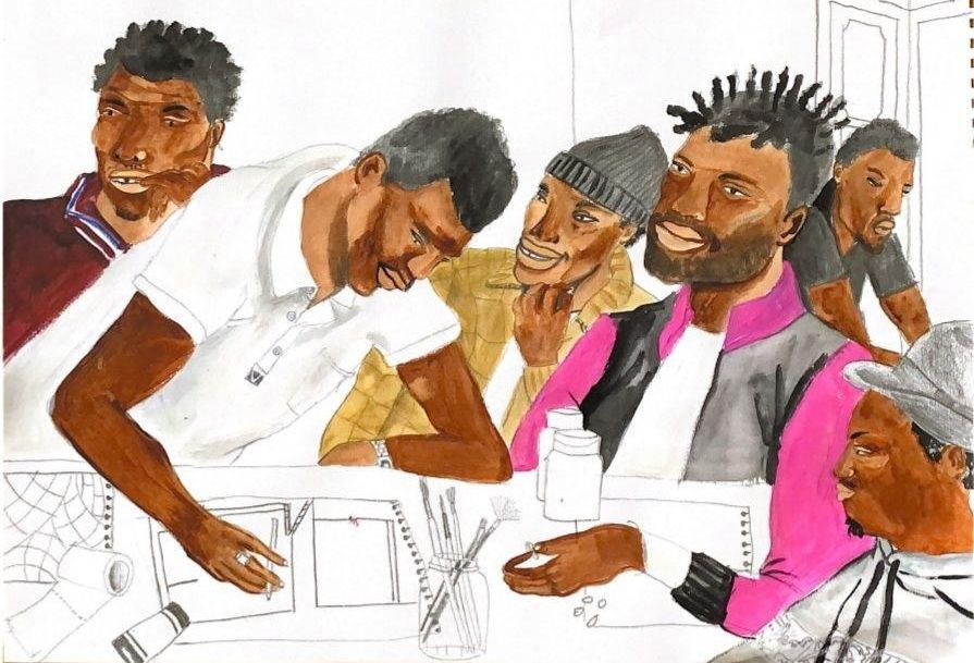 Ilustración realizada por Chiara Baima Poma que retrata a las personas alojadas en Atlas.