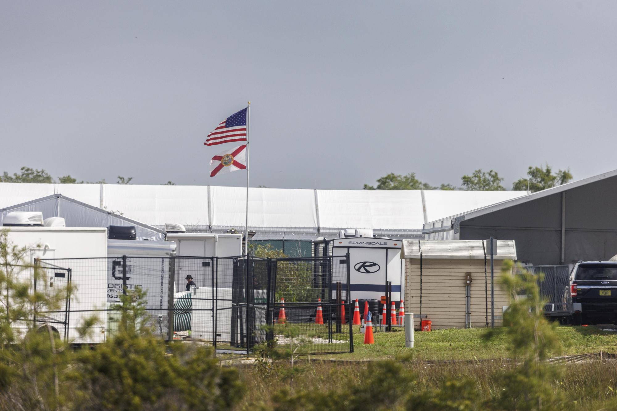 FILE - In this July 25, 2025 file photo, prefabricated blocks are seen along the strip of the Dade-Collier Airport for training and transfer during construction of the Alligator Alcatraz immigration detention center in Oshopee, US. EFE/Cristóbal Herrera Olashkiewicz