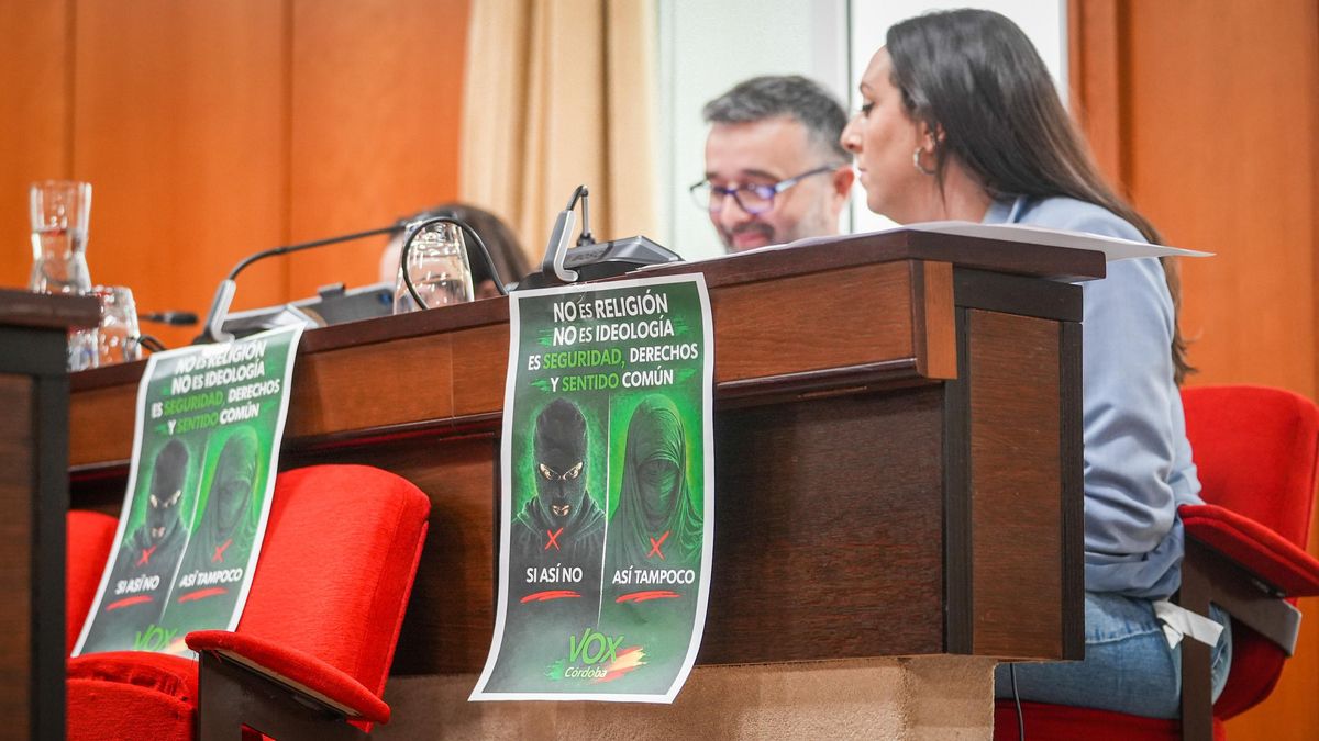 Carteles de Vox contra el uso del burka en el Pleno del Ayuntamiento de Córdoba.