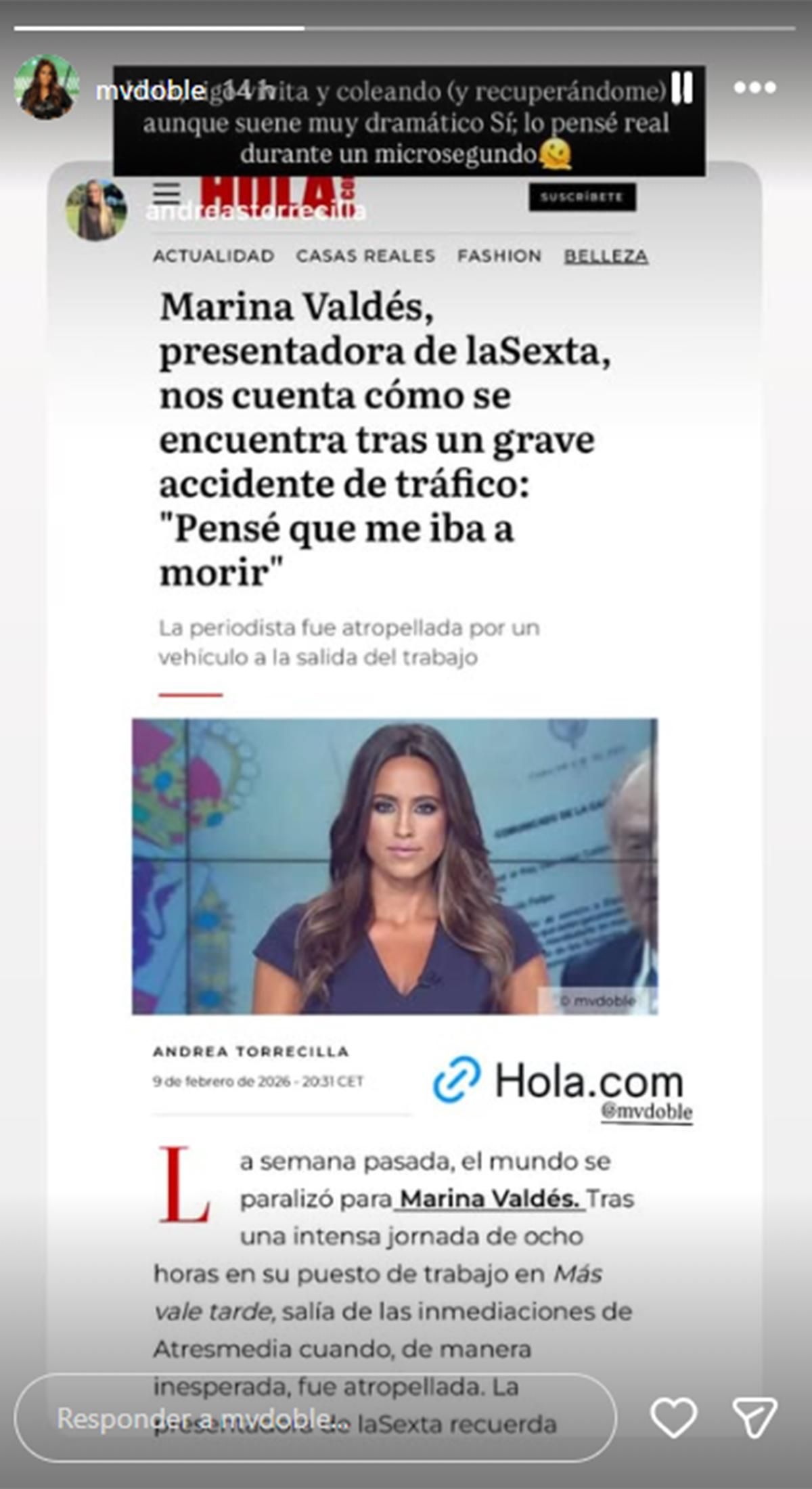 Mensaje de Marina Valdés tras su accidente
