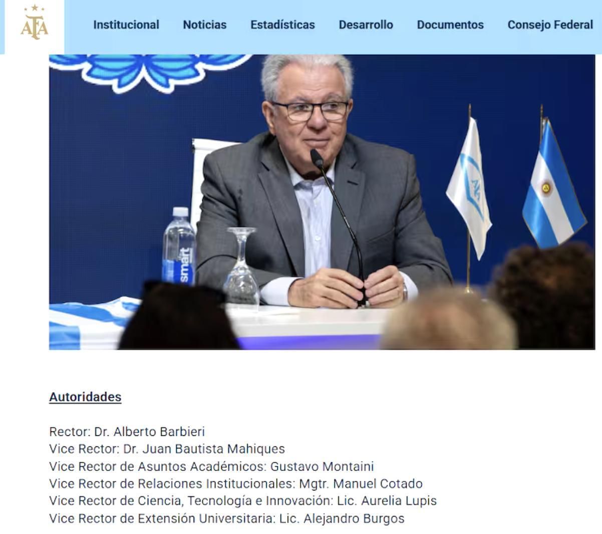 La web de la Universidada de la AFA, con Mahiques como vicerrector.