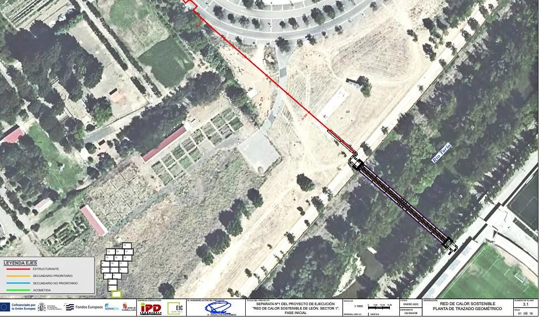 Plano con la pasarela de la Red de Calor entre Puente Castro y La Lastra junto al área deportiva.
