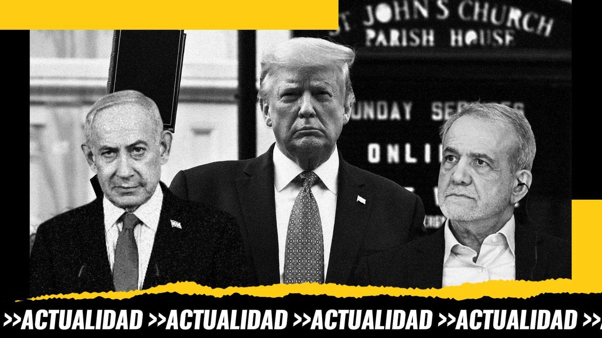 Montaje: Benjamín Netanyahu Primer ministro de Israel, Donald Trump presidente de EEUU y el presidente de Irán Masud Pezeshkián