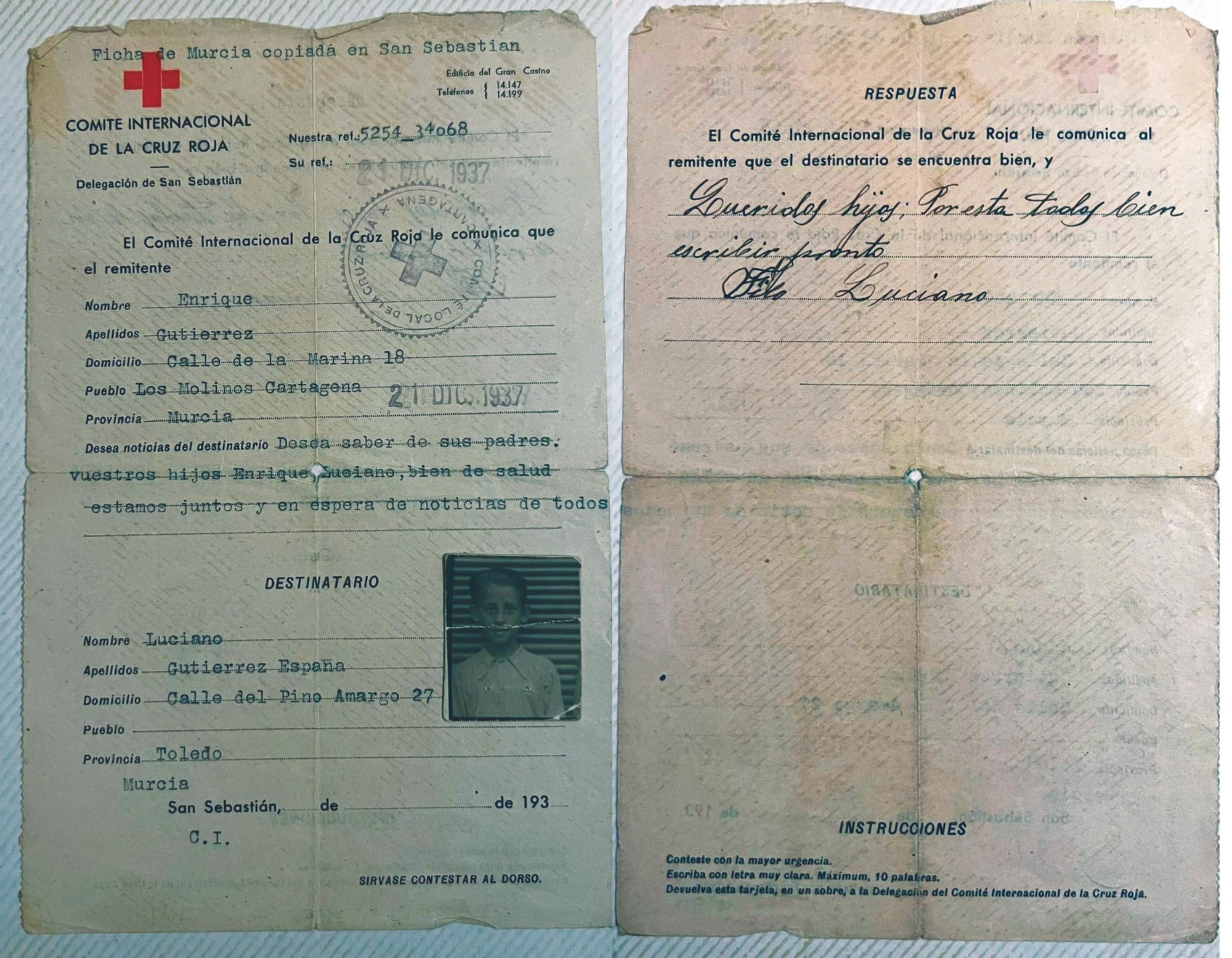 Comunicación entre los hermanos Gutiérrez con su familia a través de la Cruz Roja Internacional