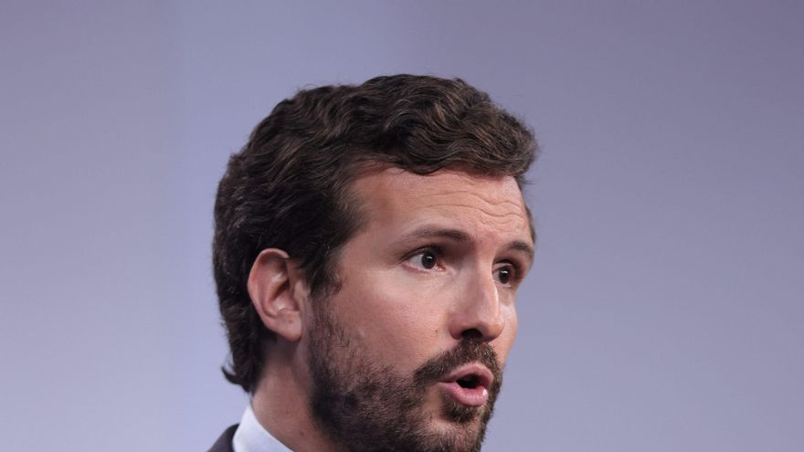 El presidente del PP, Pablo Casado, durante una rueda de prensa en la sede del partido, a 29 de julio de 2021, en Madrid (España).