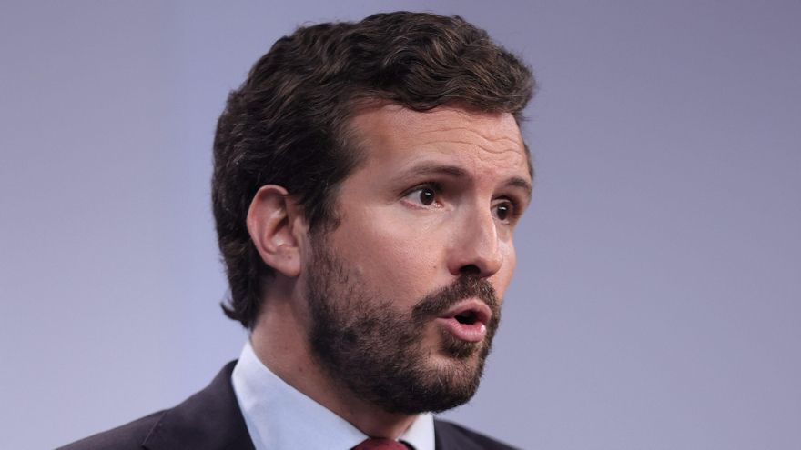 El presidente del PP, Pablo Casado, durante una rueda de prensa en la sede del partido, a 29 de julio de 2021, en Madrid (España).