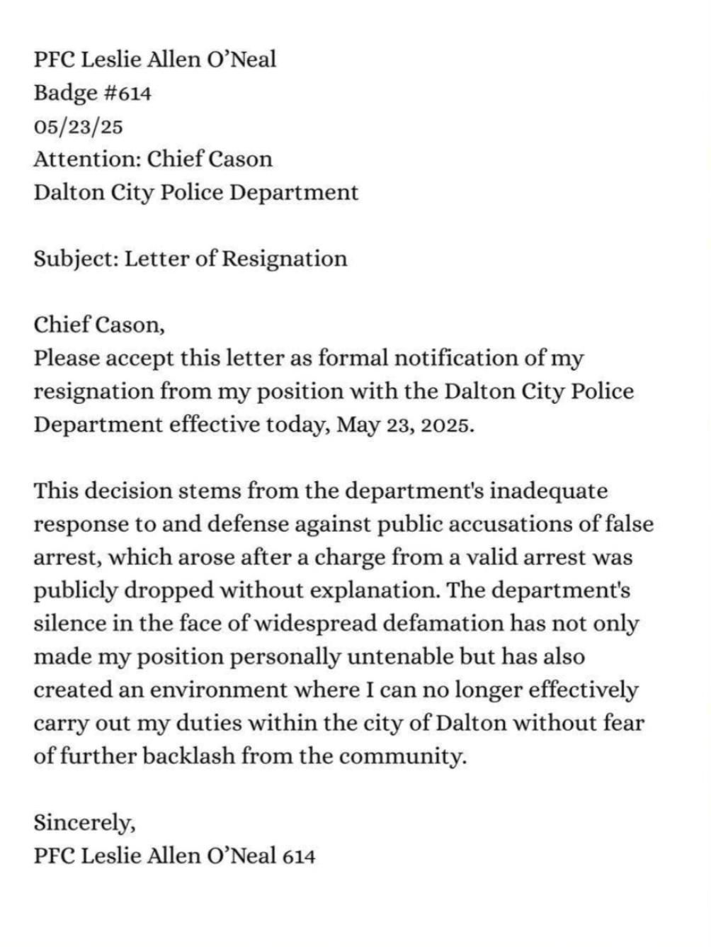 Carta de dimisión de Leslie Allen O'Neal.