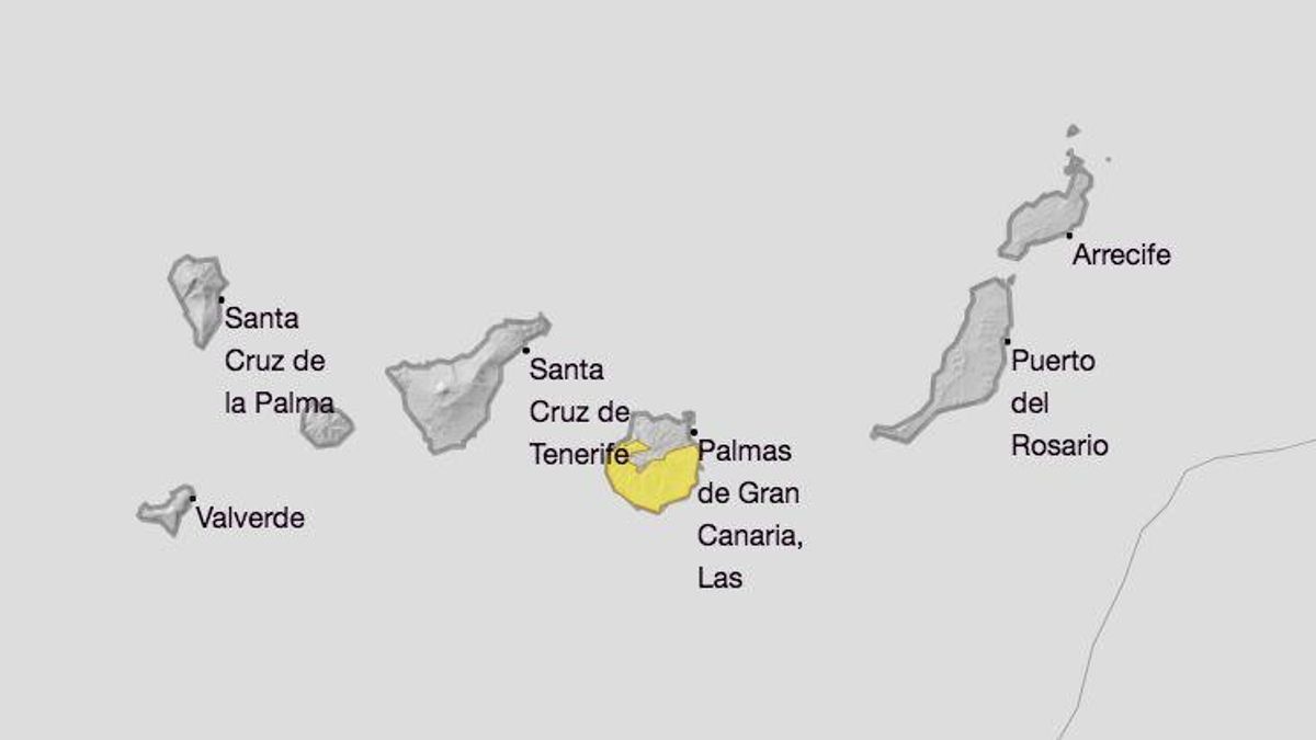 Mapa de los avisos amarillos por altas temperaturas en el este, sur y oeste de Gran Canaria para el jueves 10 de septiembre