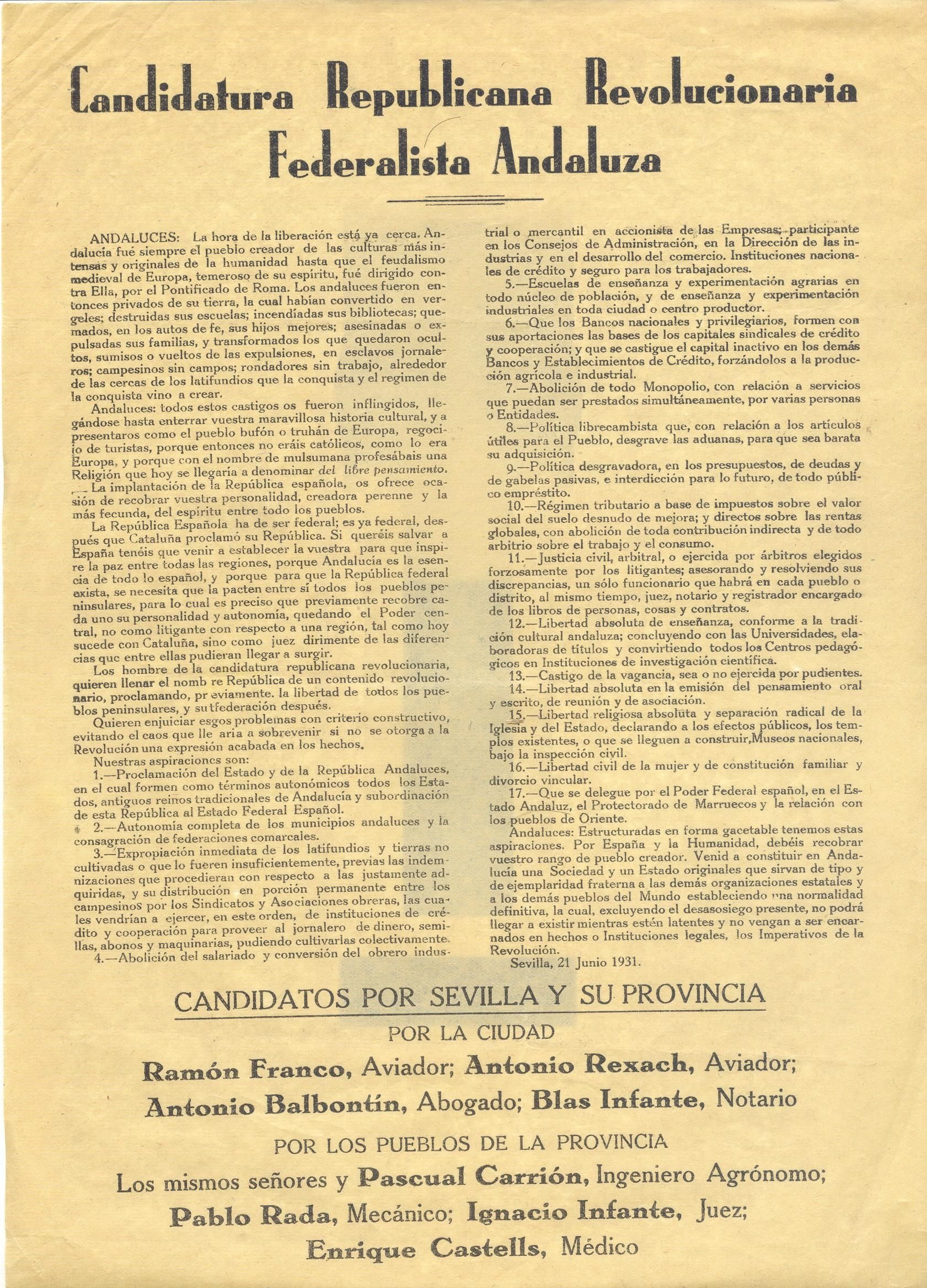 Programa de la Candidatura Republicana Revolucionaria Federalista Andaluza.