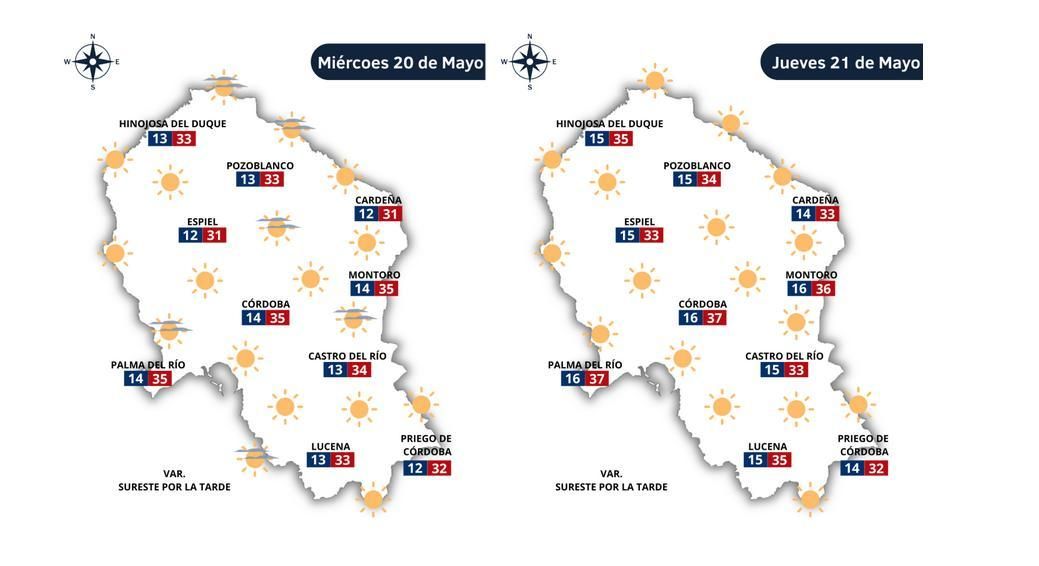 El tiempo el miércoles 20 y el jueves 21 de mayo.
