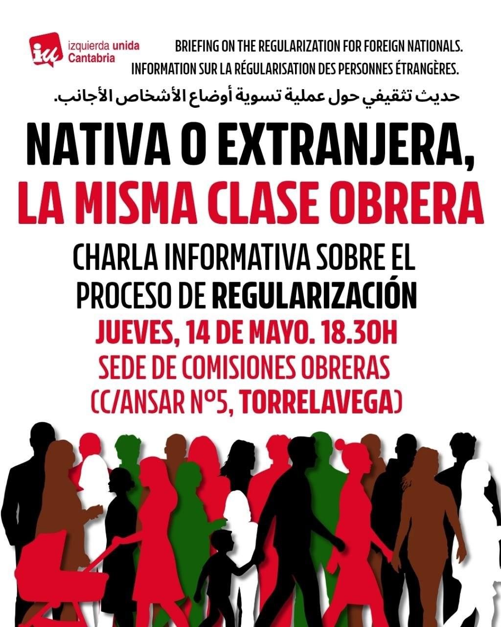 Cartel de la charla de IU sobre la regularización.