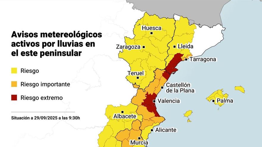Mapa con avisos activos de la AEMET por lluvias