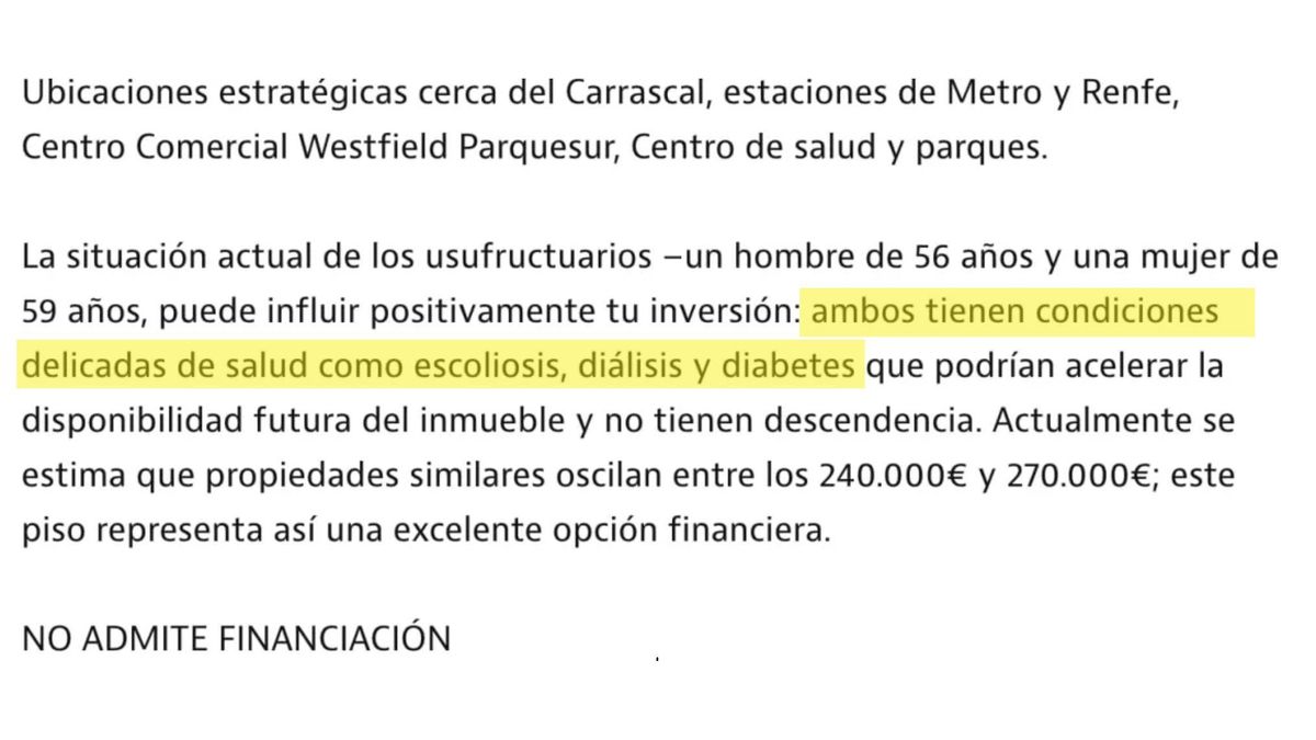 Polémico anuncio inmobiliario: la escoliosis y diabetes de los inquilinos "podrían acelerar la disponibilidad del inmueble"