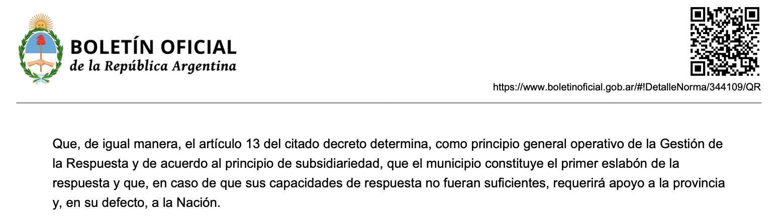 Extracto de la resolución que crea el Plan ENOS donde deja a los municipios como primera línea de respuesta y reserva la intervención de la Nación para la última instancia.